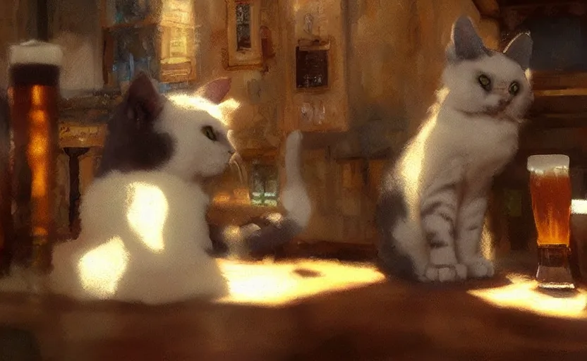 Image similar to a cat in a pub with beer, painting by craig mullins, octane rendering, soft morning lighting, wide angle lens, in the style of hayao miyazaki, trending on artstation,