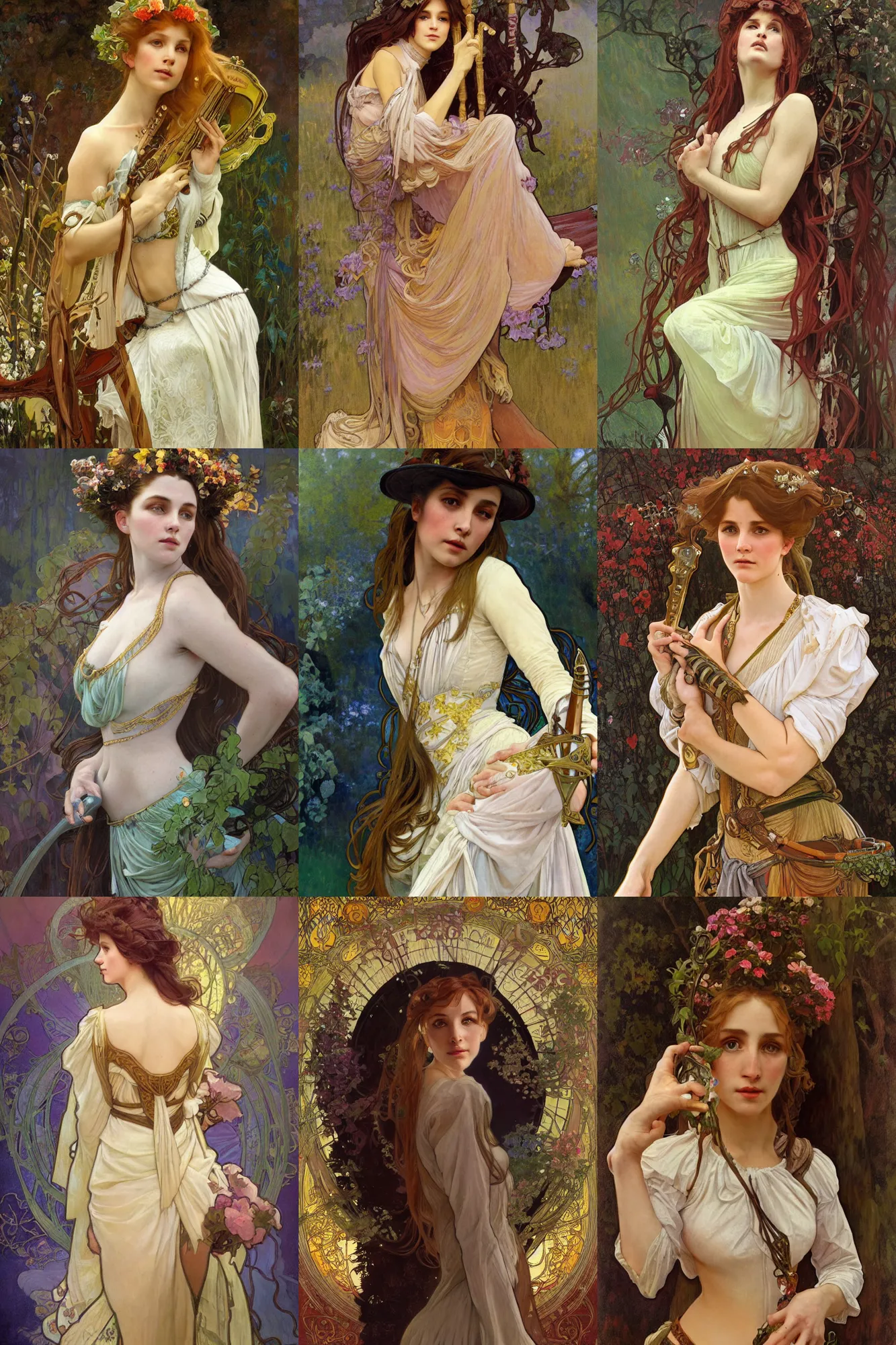 Prompt: a full body high detail fantasy portrait oil painting illustration of a single beautiful bard woman by justin sweet and alphonse mucha with face and body clearly visible, in a scenic background, pretty eyes, realistic proportions, d & d, rpg, forgotten realms, artstation trending, high quality, sombre mood, artstation trending, muted colours, entire person visible!