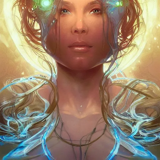 Image similar to cyborg, female, fantasy, bioluminiscence, flowing hair, portrait, highly detailed, digital painting, beautiful eyes, symmetry, concept art, sharp focus, illustration, art by artgerm and greg rutkowski and magali villeneuve and ilya kuvshinov! : : alphonse mucha : : - 0. 2