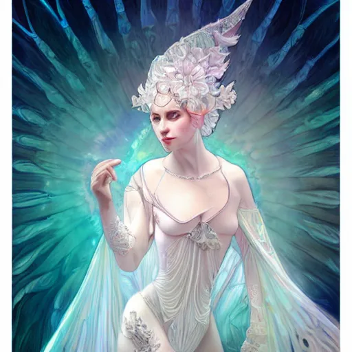 Image similar to a photograpic portrait of a anthropomorphic crystal wearing white clothes, iridescent colors, fantasy, intricate, elegant, highly detailed, digital painting, artstation, concept art, smooth, sharp focus, illustration, art by artgerm and H R Giger and alphonse mucha