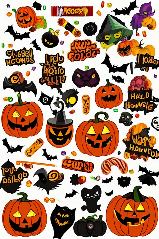 Prompt: collection of halloween food and candies, sticker, andromorphic, colorful, illustration, highly detailed, simple, smooth and clean vector curves, no jagged lines, vector art, smooth