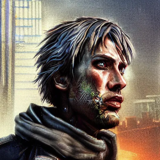 Prompt: cyberpunk, closeup portrait of a shaggy cyberpunk citizen, eye bags, three day stubble, ex junkie, dramatic light, city background, sunset, dystopian setting, high contrast, sharp, neuromancer, henry dorsett case, painted by stanley lau, painted by greg rutkowski, painted by stanley artgerm, digital art, trending on artstation