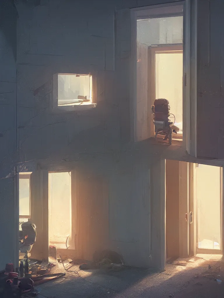 Prompt: a door is open a gap and thus shines light in a painting from stalenhag, 4 k, 8 k, hdr, artstation, concept art