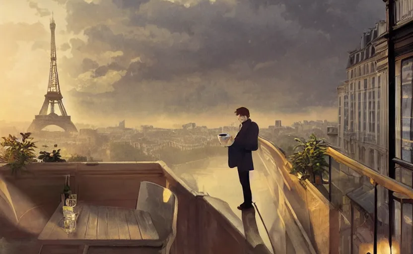 Image similar to elegant man drinking coffee at balcony in france, city with eiffel tower seen behind, moody sunset, late night, detailed characters, by greg rutkowski, alphonse mucha, beeple, sharp focus, digital art, smooth, light refraction, pixiv art, volumetric lighting, makoto shinkai