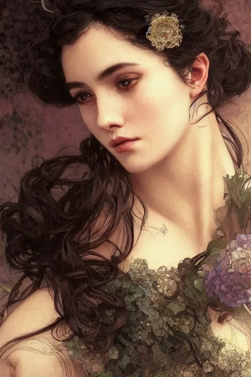 Prompt: a portrait of a young woman wearing an evening dress, black semi - transparent lace, delicate face, looking away, messy bun hairstyle, close - up, cinematic, intricate details and textures, soft lighting, epic pose, by artgerm, greg rutkowski, alphonse mucha, 8 k