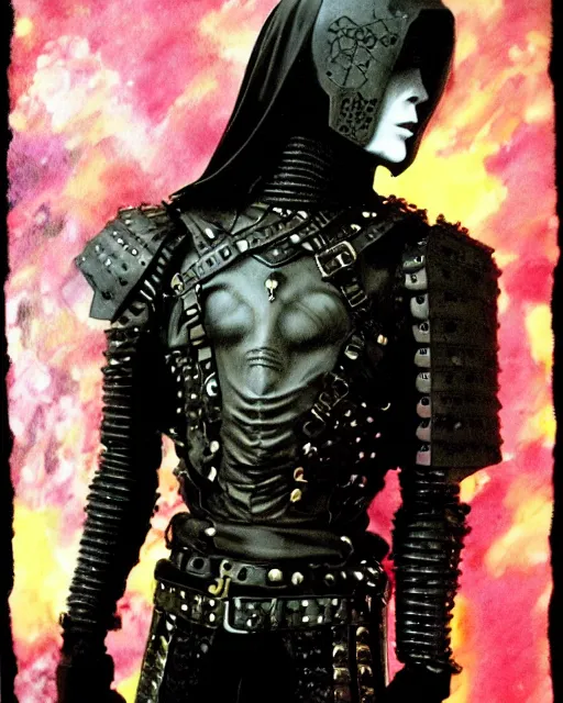 Image similar to portrait of a skinny punk goth keanu reeves wearing armor by simon bisley, john blance, frank frazetta, fantasy, thief warrior, colorful flowers floral