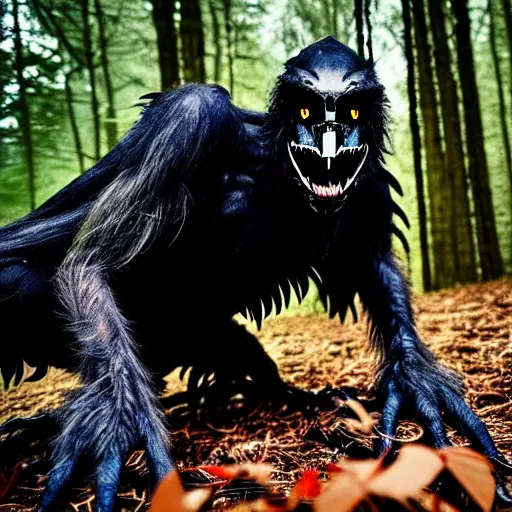 Image similar to werecreature consisting of a human and crow, photograph captured in a forest