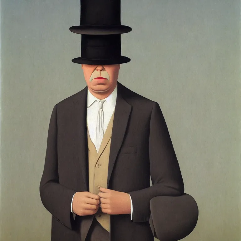 Image similar to portrait of man in a suit with covered head by rene magritte, detailed painting, hd, hq, high resolution, high detail, 4 k, 8 k