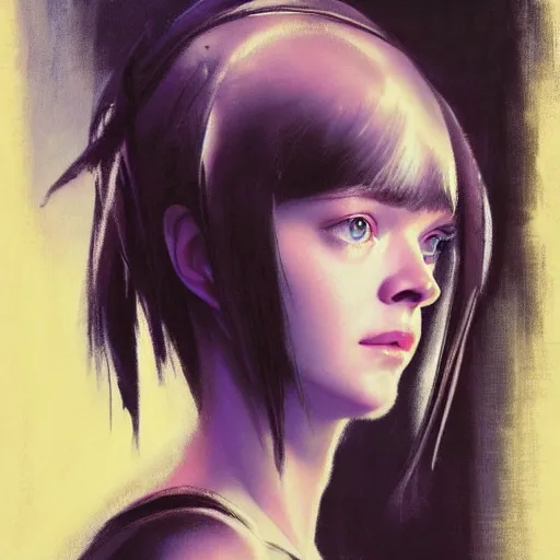 Prompt: ultra realistic portrait painting of elle fanning in ghost in the shell, art by frank frazetta, 4 k, ultra realistic, highly detailed, epic lighting