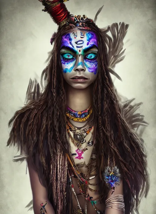 Prompt: cara delevingne as a voodoo priestess, detailed digital art, trending on Artstation