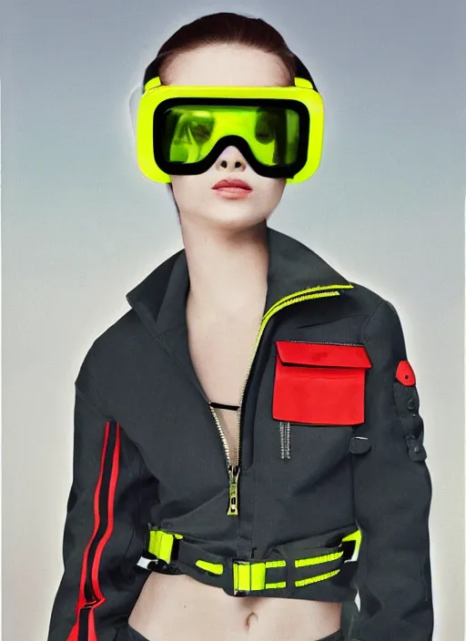 Prompt: a portrait of a russian girl detailed features wearing a cargo pilot suit neon brights, utility chic, sheer fabrics, zippers, belts & velcro galore, goggles, big techno watches, cargo pants, designed by balenciaga by ray turner