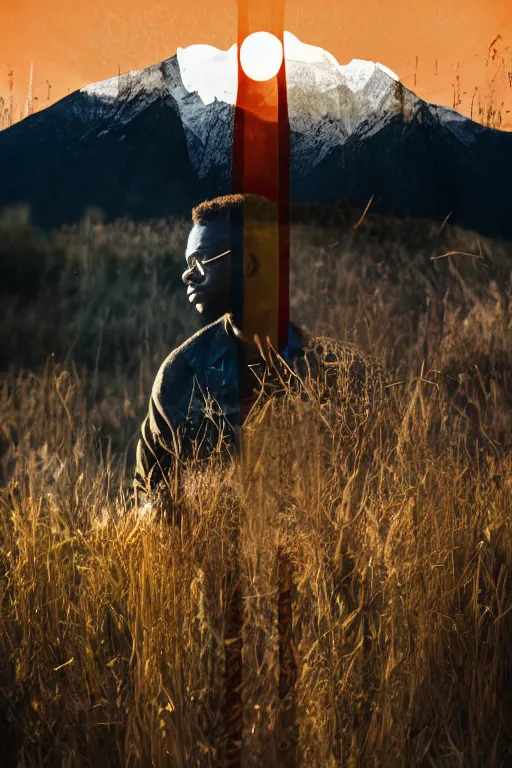 Image similar to double exposure black man with long curly hair mountain meadow sunrise