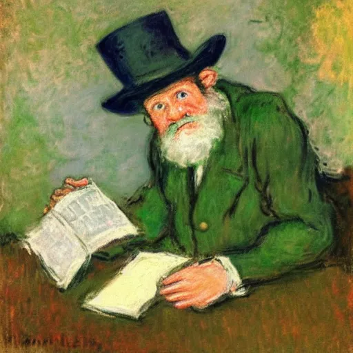 Prompt: an irish leprechaun studying torah by monet