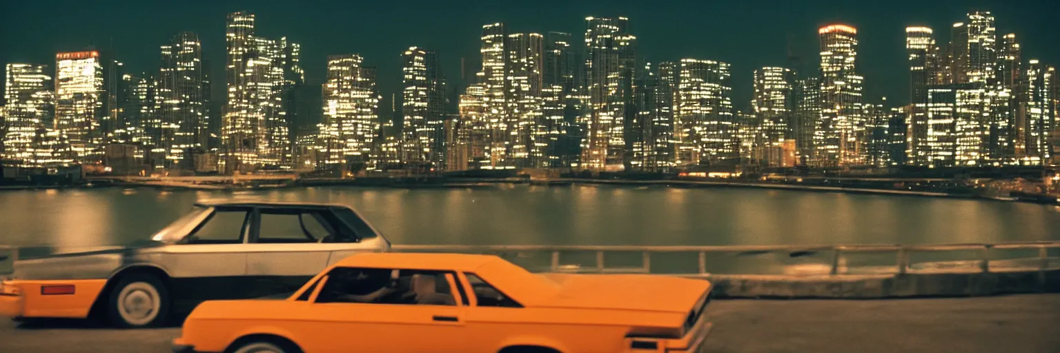 Image similar to 8 0 s neon movie still, portrait of a single car by the river with city in background, medium format color photography, blurred background, movie directed by kar wai wong, hyperrealistic, photorealistic, high definition, highly detailed, tehnicolor, anamorphic lens