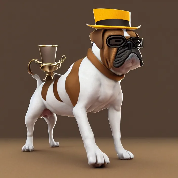 Prompt: 3d render of a boxer dog wearing a top hat and a monocle, blurred background of a fancy house