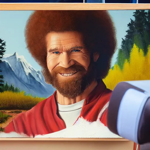 Image similar to a closeup photorealistic photograph of bob ross working on a canvas painting of captain america. happy trees, mountain scape. film still. brightly lit scene. this 4 k hd image is trending on artstation, featured on behance, well - rendered, extra crisp, features intricate detail, epic composition and the style of unreal engine.