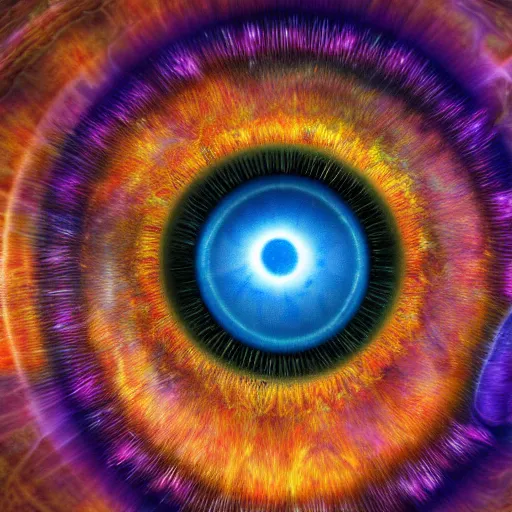 Prompt: hyper realistic cosmic eye, nebula, vivid, iris pupils, dop dof 8 k # film, psychedelic wallpaper, digital fantasy art, by dan volbert