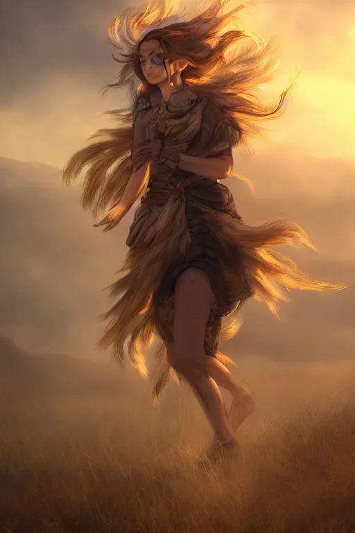 Image similar to beautiful young wind spirit, golden hour, full body, post apocalyptic setting, medium shot, mid-shot, highly detailed, trending on Artstation