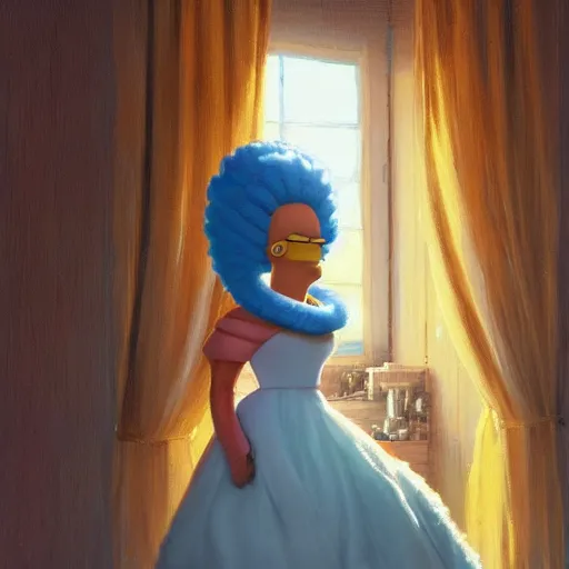 Prompt: Marge Simpson in a wedding dress, house interior, golden hour, by Greg Rutkowski