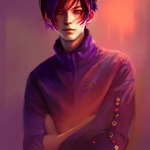 Image similar to colorful and festive captivating teenager boy with straight purple hair, purple eyes with red eye markers, slim body, wearing japanese combat clothes. rich vivid colors, ambient lighting, dynamic lighting, 4 k, atmospheric lighting, painted, intricate, highly detailed by charlie bowater