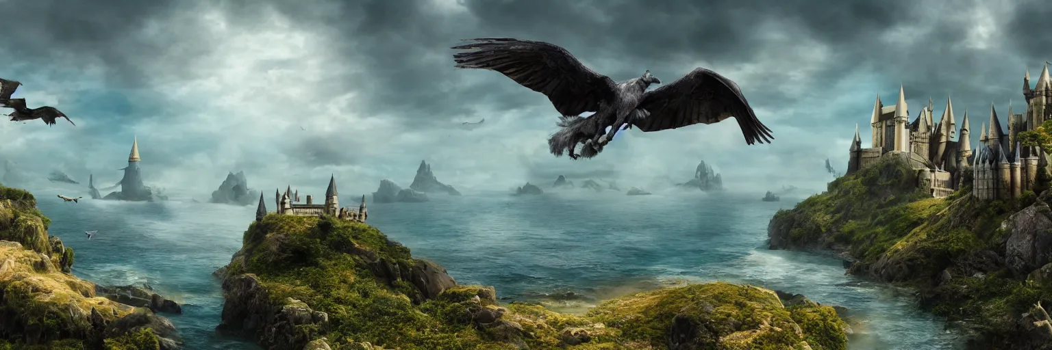 Prompt: hippogriff flying over a sea with hogwarts in the background, dramatic volumetric lighting, epic composition, high detail, 4K Ultra HD