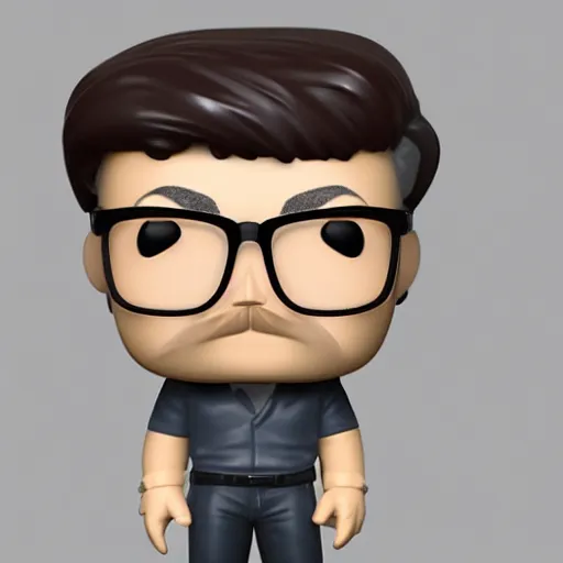 Prompt: a funko pop of german young man with blondish hair, short goatee and round light grey glasses