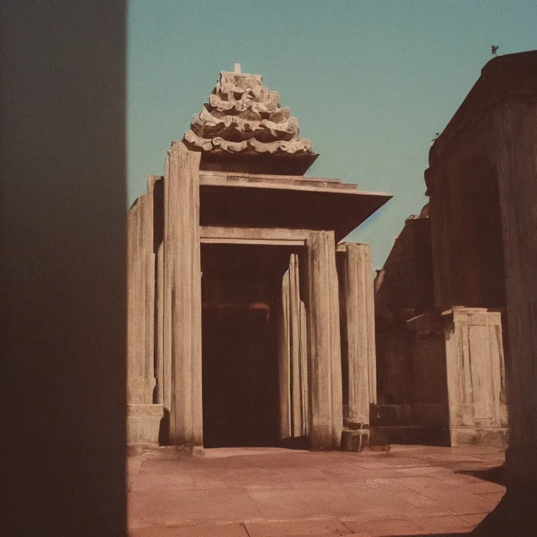 Prompt: temple, film photo, soft lighting album cover, nostalgia, gradient