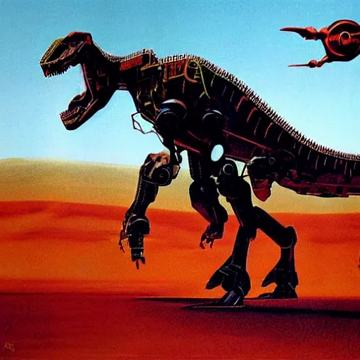 Image similar to Magnificent mecha-dinosaur hybrid by Roger Dean, by Dean Ellis, surrealism, horse, dinosaur