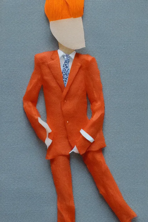 Prompt: a scene depicting a orange haired elegant character wearing a voluminous suit made from linen and transparent plastic, blurred, muted colors, acrylic, super detailed, soft light