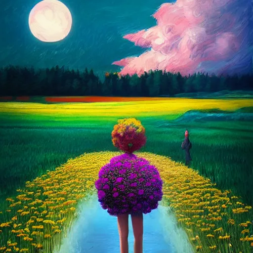 Prompt: giant daisy flower as a head, girl walking in flower field, surreal photography, moon light, dramatic, impressionist painting, colorful clouds, digital painting, artstation, simon stalenhag