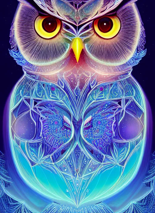 Image similar to symmetry!! product render poster vivid colors divine proportion owl, ice and snow, glowing fog intricate, elegant, highly detailed, digital painting, artstation, concept art, smooth, sharp focus, illustration,