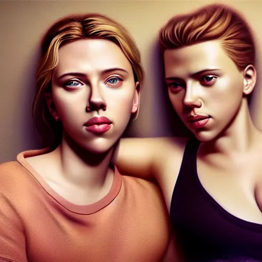 Image similar to intricate beautiful hyperreal portrait of a young scarlett johansson and young scarlett johansson, smiling softly, casual clothes, relaxing on the couch, home interior, golden hour, close up shot, 8 k, art by irakli nadar, hyperrealism, hyperdetailed, ultra realistic