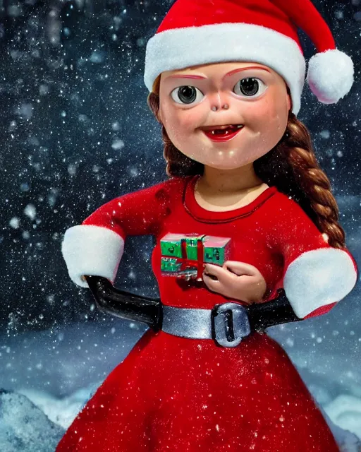 Prompt: highly detailed closeup, portrait of a tin toy santa greta thunberg wearing a bikini, depth of field, fashion photoshoot by nicoletta ceccoli, mark ryden, lostfish, dan decarlo, bob clampett, max fleischer, breathtaking, detailed and intricate snowenvironment, 8 k resolution, hyperrealistic, octane render