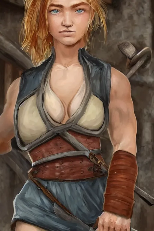 Image similar to female blacksmith, extremely burly. strawberry - blonde hair, many freckles. face resembles natalia vodianova, but she is built like a blacksmith : burly, broadshouldered, thicklimbed, kinda swole. she is fully clothed in her work clothes. she is very strong.