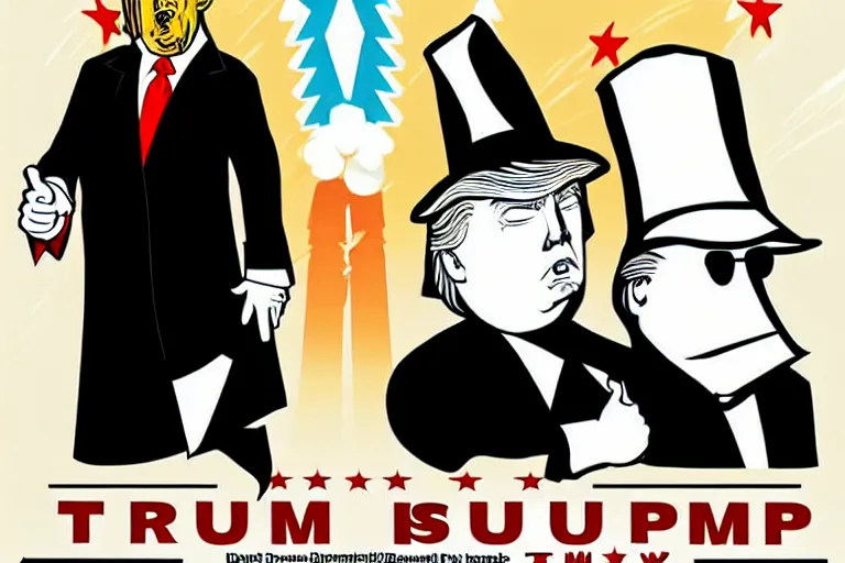 Image similar to poster illustration of donald trump and donald trump wearing trench coats and big black hats starring in spy vs spy