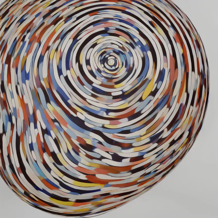 Image similar to beautiful gallery show studio photograph of a giant realistic ceramic sculpture of a round cat, glazed by bridget riley and victor vasarely, placed on a polished wooden table, colorful hyperrealism 8 k trending on artstation