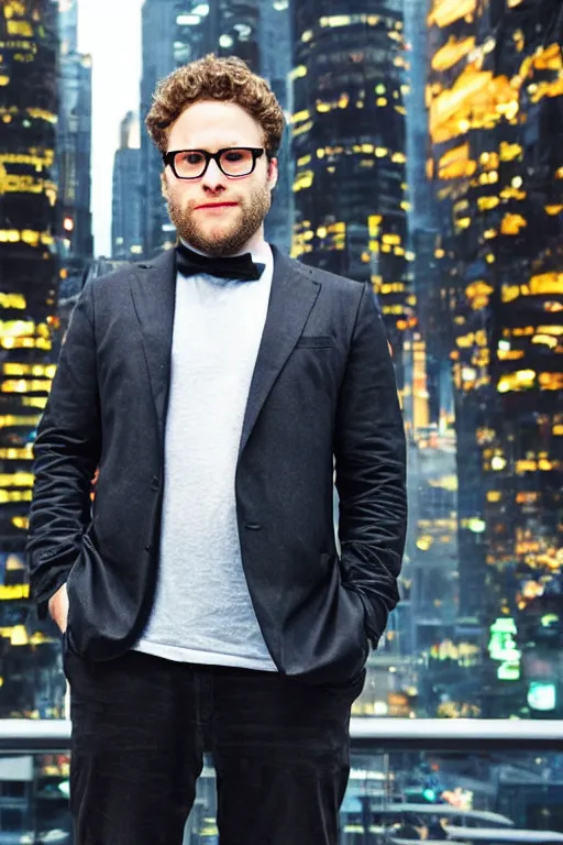 Prompt: Portrait photo of Seth Rogen dressed in a futuristic Outfit standing in a cyberpunk city, shallow depth of field, blur, out-of-focus background