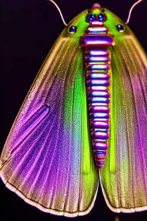 Prompt: high quality close-up photo iridescent moth! jeweled gorgeous! highly detailed david ligare elson peter cinematic neon lighting high quality low angle hd 8k sharp shallow depth of field