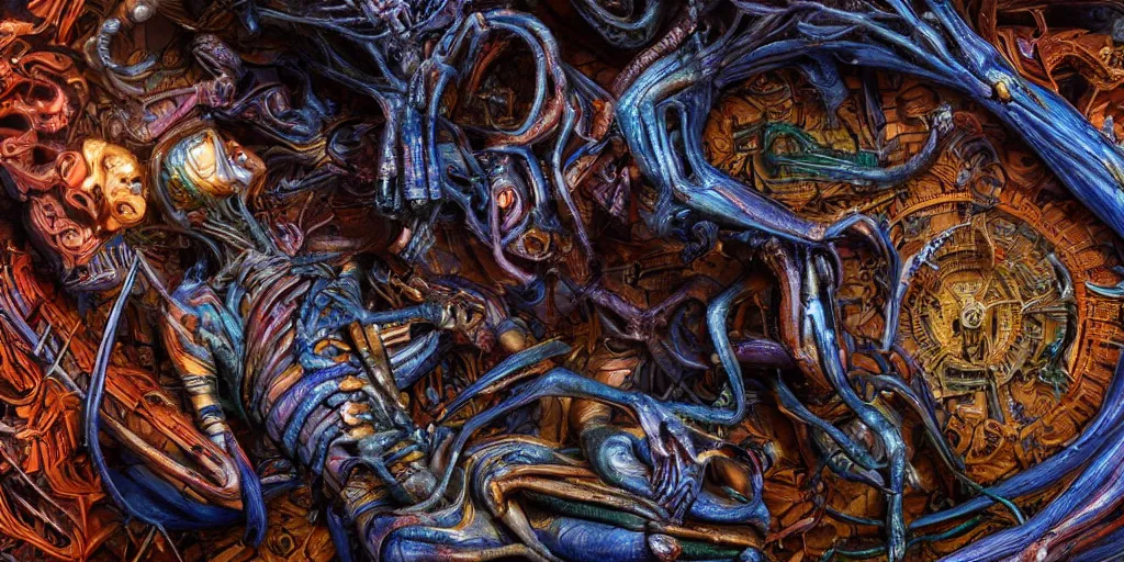 Image similar to dreamscape, giger, vivid colors, colorful, anatomical, highly detailed sculpture, intricate detailed, ommatidia, 8 k, cinematic atmosphere, post - processing