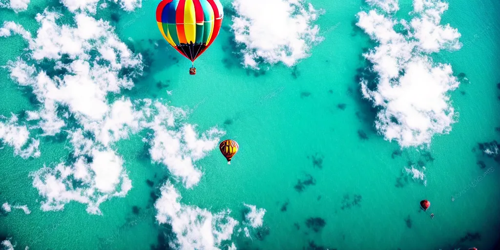 Prompt: hot air balloon, beautiful sea, clouds, bird's eye view