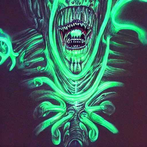 Prompt: a giger demon with fluorescent flesh, wispy ink horrors, prismatic neon glow backdrop, photo pic by hyperrealism