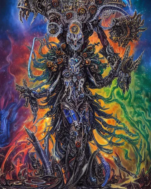 Prompt: silver mechanical charred bloody fleshmetal obliterator cyborg daemonhost woman wearing robes, psychedelic flamer of tzeentch with extra arms gunner, blue and green rainbow fire, by antonio j. manzanedo, alex grey, android jones, wayne barlowe, philippe druillet, josephine wall, eve ventrue, cronenburg, pixabay