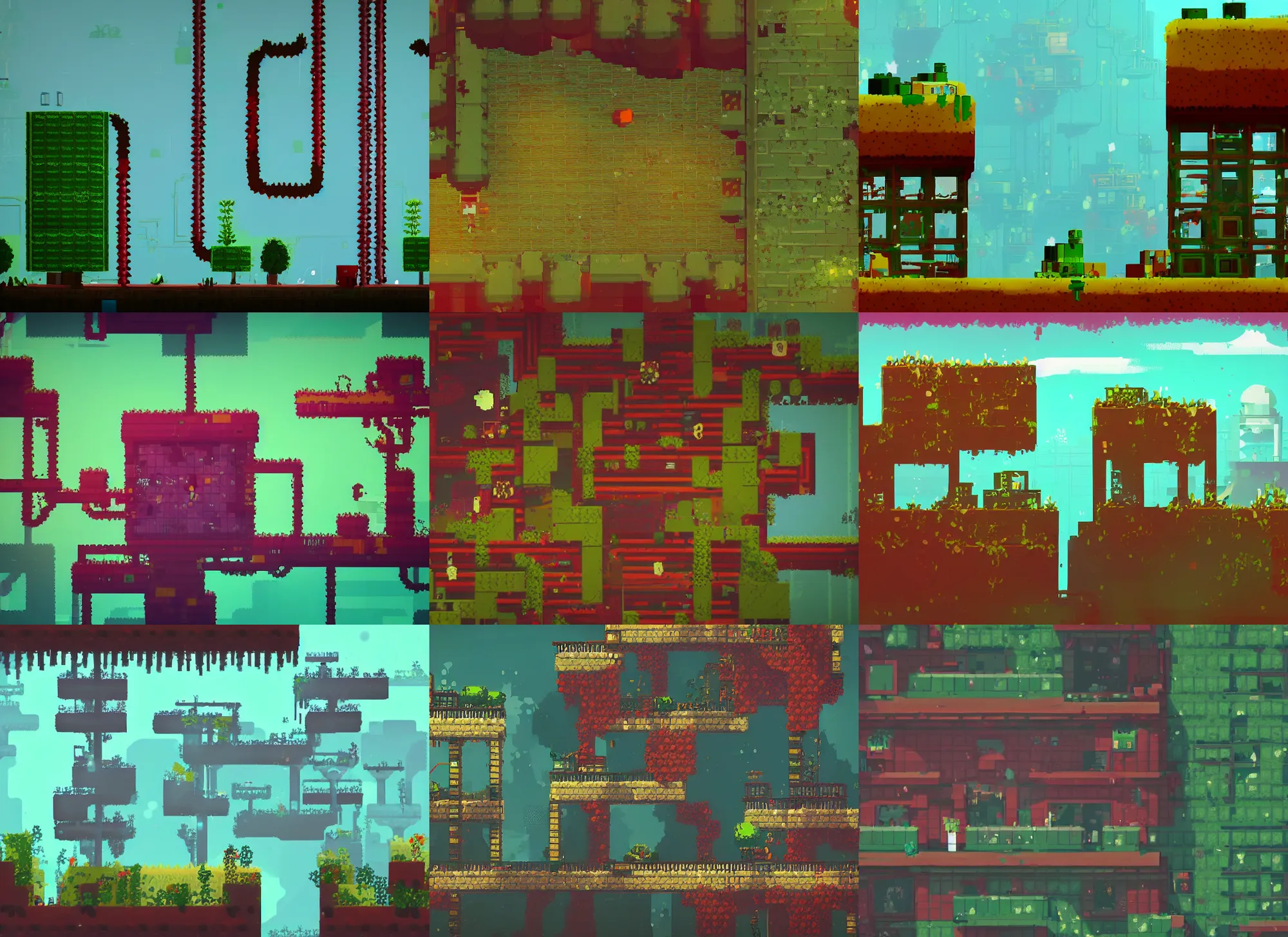 Prompt: an abandoned overgrown factory in the style of fez and celeste, atmospheric, vibrant