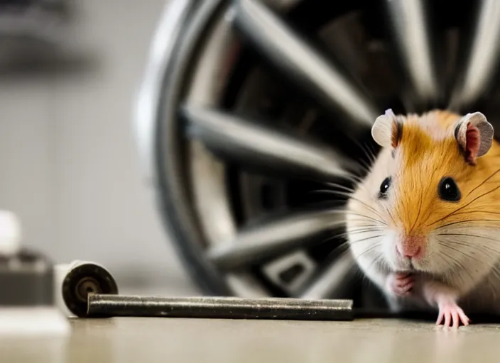 Image similar to film still of a hamster working as a mechanic in an auto shop, 8 k