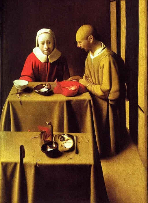 Prompt: Young man at the table with young pretty blonde girl at the crowded inn. Medieval painting by Jan van Eyck, Johannes Vermeer, Florence
