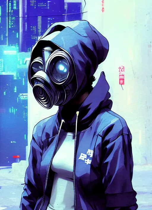 Image similar to cyberpunk anime girl in hoodie, cyberpunk gas mask, 3 / 4 shot, street night, grafity, beautiful face, grafity, arcane, action, tokyo street, detail, good face, pose model, concept art, in style of yoji shinkawa, pan ren wei, col price, atey ghailan, by greg rutkowski, aesthetic