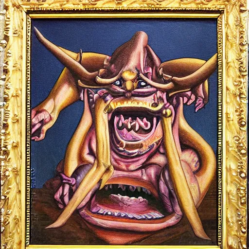 Prompt: portre of an autistic demon on acid, masonic and kabalistic symbols in background, oil painting