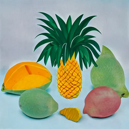 Prompt: pineapples and mangos in the style of eileen agar