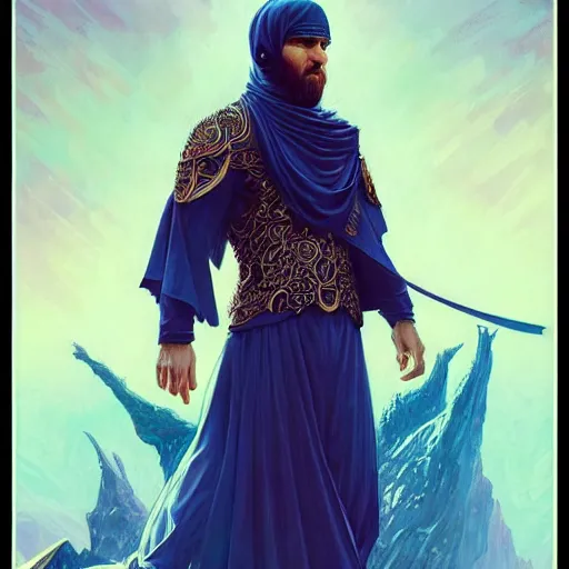 Image similar to lionel messi wearing islamic clothes, doing sujood, d & d, fantasy, intricate, elegant, highly detailed, digital painting, artstation, concept art, matte, sharp focus, illustration, art by artgerm and greg rutkowski and alphonse mucha