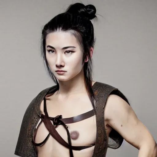 Image similar to full body portrait, thin but strong viking samurai woman, open shirt, 6 pack, symmetrical beautiful face, relaxed pose